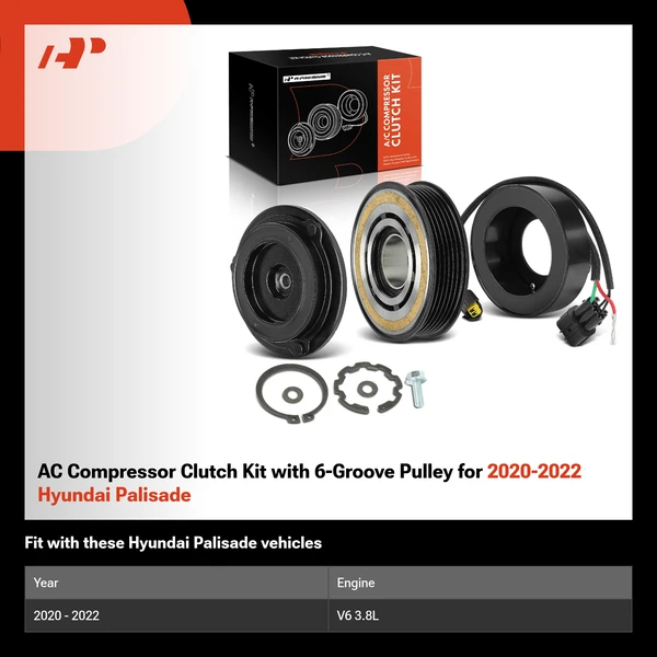 AC Compressor Clutch Kit with 6-Groove Pulley for 2020-2022 Hyundai Palisade