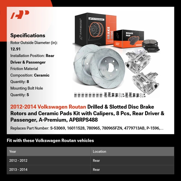 2012-2014 Volkswagen Routan Drilled & Slotted Disc Brake Rotors and Ceramic Pads Kit with Calipers, 8 Pcs, Rear Driver & Passenger, A-Premium, APBRPS488