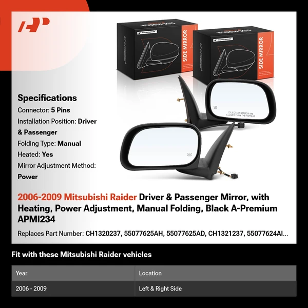 2006-2009 Mitsubishi Raider Driver & Passenger Mirror, with Heating, Power Adjustment, Manual Folding, Black A-Premium APMI234