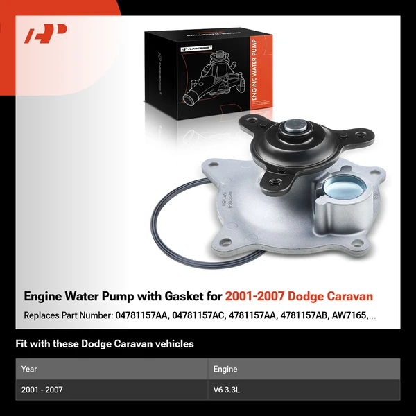 Engine Water Pump with Gasket for 2001-2007 Dodge Caravan