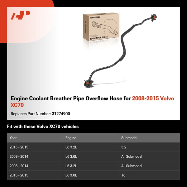 Engine Coolant Breather Pipe Overflow Hose for 2008-2015 Volvo XC70