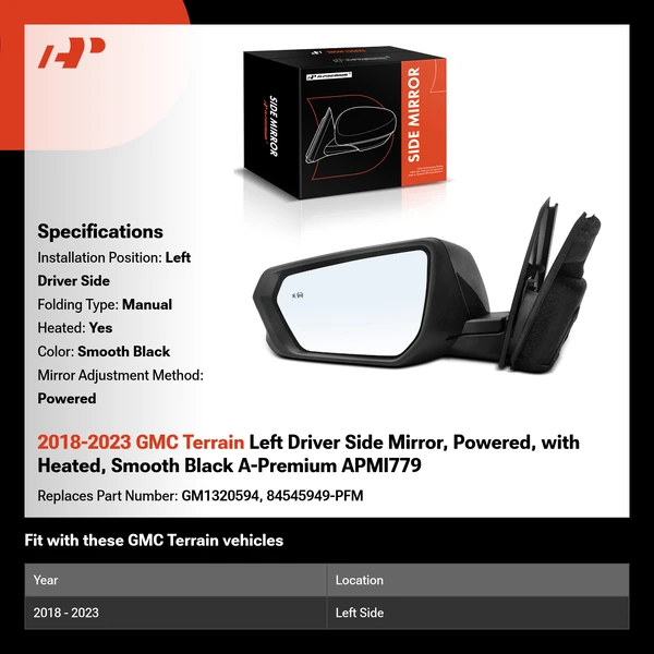 2018-2023 GMC Terrain Left Driver Side Mirror, Powered, with Heated, Smooth Black A-Premium APMI779
