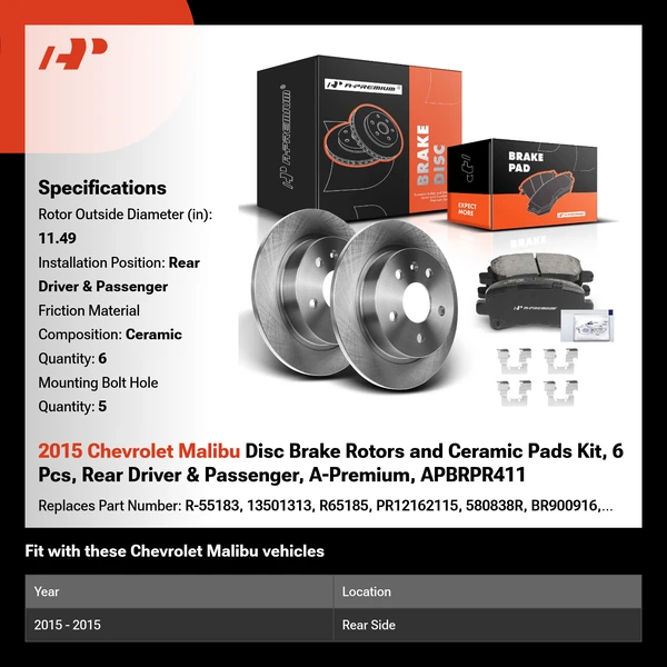 2015 Chevrolet Malibu Disc Brake Rotors and Ceramic Pads Kit, 6 Pcs, Rear Driver & Passenger, A-Premium, APBRPR411