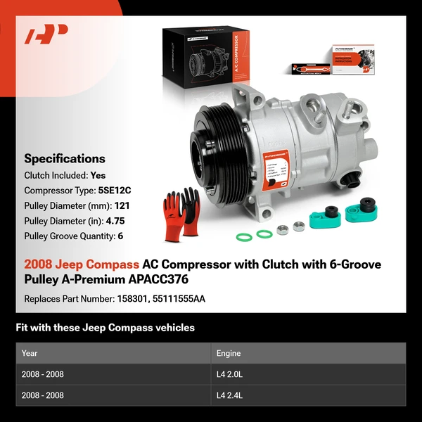 2008 Jeep Compass AC Compressor with Clutch with 6-Groove Pulley A-Premium APACC376