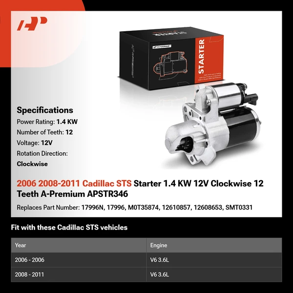 2006 2008-2011 Cadillac STS Starter 1.4 KW 12V Clockwise 12 Teeth A-Premium APSTR346