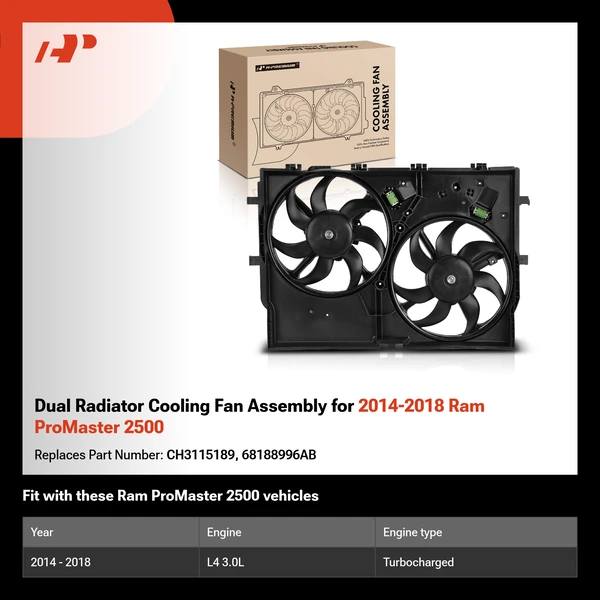 Dual Radiator Cooling Fan Assembly for 2014-2018 Ram ProMaster 2500