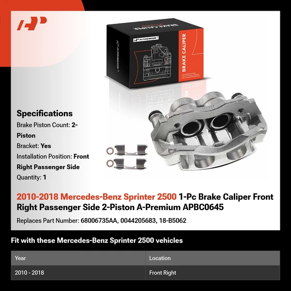 2010-2018 Mercedes-Benz Sprinter 2500 1-Pc Brake Caliper Front Right Passenger Side 2-Piston A-Premium APBC0645