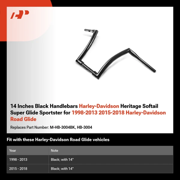 14 Inches Black Handlebars Harley-Davidson Heritage Softail Super Glide Sportster for 1998-2013 2015-2018 Harley-Davidson Road Glide