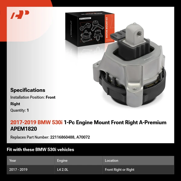 2017-2019 BMW 530i 1-Pc Engine Mount Front Right A-Premium APEM1820