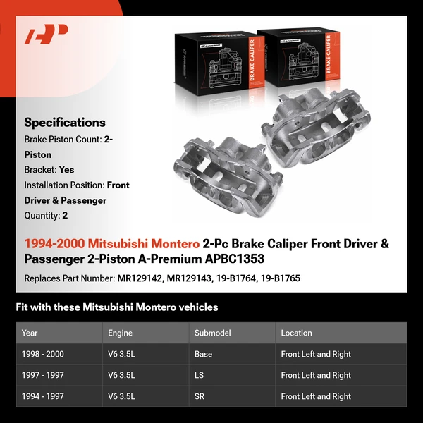 1994-2000 Mitsubishi Montero 2-Pc Brake Caliper Front Driver & Passenger 2-Piston A-Premium APBC1353