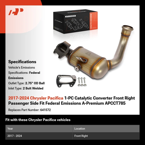 2017-2024 Chrysler Pacifica 1-PC Catalytic Converter Front Right Passenger Side Fit Federal Emissions A-Premium APCCT785