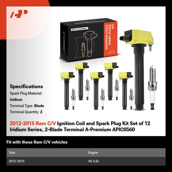 2012-2015 Ram C/V Ignition Coil and Spark Plug Kit Set of 12 Iridium Series, 2-Blade Terminal A-Premium APIC0560