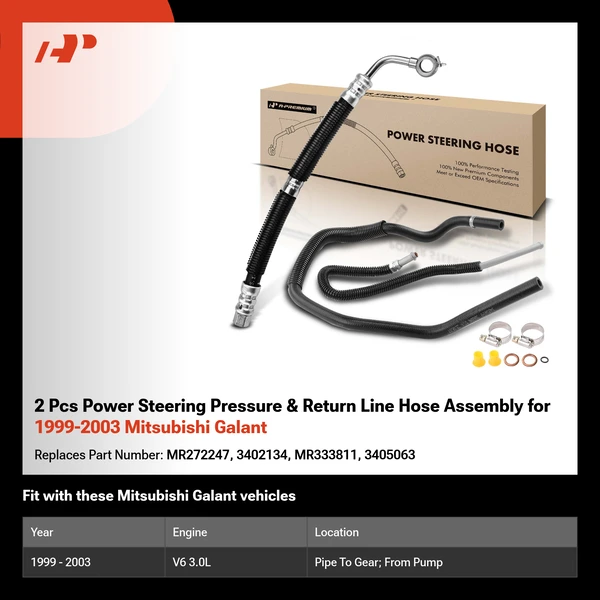 2 Pcs Power Steering Pressure & Return Line Hose Assembly for 1999-2003 Mitsubishi Galant