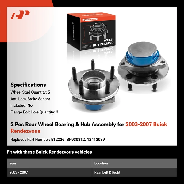 2 Pcs Rear Wheel Bearing & Hub Assembly for 2003-2007 Buick Rendezvous
