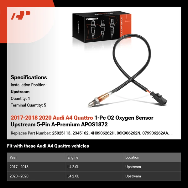 2017-2018 2020 Audi A4 Quattro 1-Pc O2 Oxygen Sensor Upstream 5-Pin A-Premium APOS1872