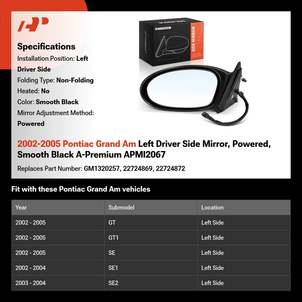 2002-2005 Pontiac Grand Am Left Driver Side Mirror, Powered, Smooth Black A-Premium APMI2067