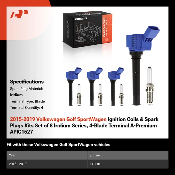 2015-2019 Volkswagen Golf SportWagen Ignition Coils & Spark Plugs Kits Set of 8 Iridium Series, 4-Blade Terminal A-Premium APIC1527
