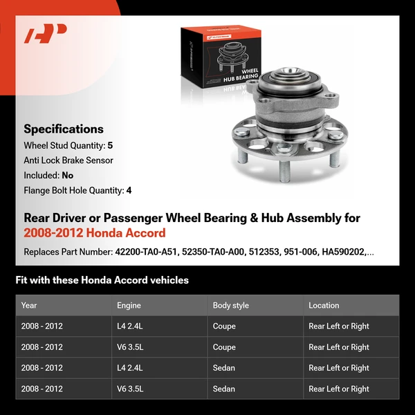 Rear Driver or Passenger Wheel Bearing & Hub Assembly for 2008-2012 Honda Accord