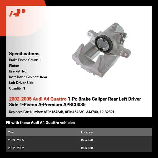 2002-2005 Audi A4 Quattro 1-Pc Brake Caliper Rear Left Driver Side 1-Piston A-Premium APBC0035