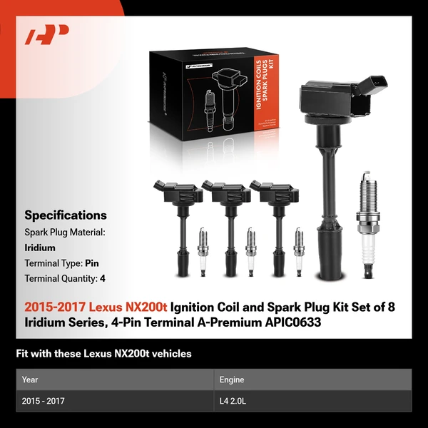 2015-2017 Lexus NX200t Ignition Coil and Spark Plug Kit Set of 8 Iridium Series, 4-Pin Terminal A-Premium APIC0633