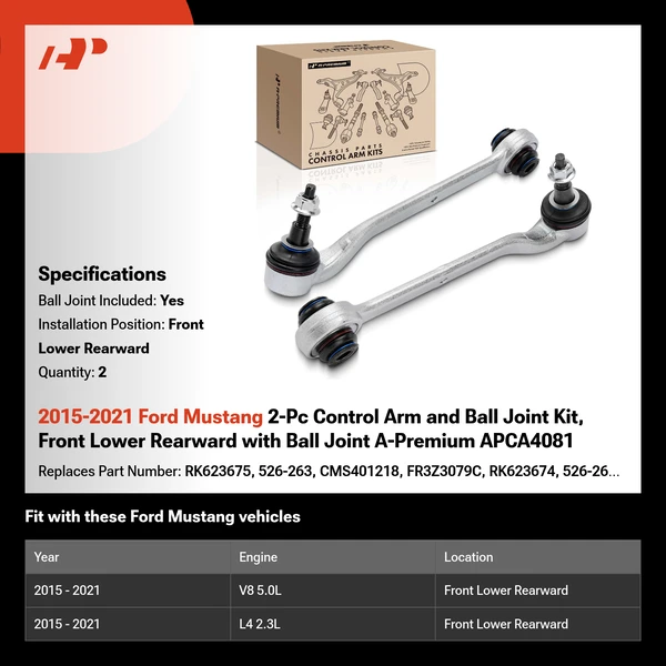 2015-2021 Ford Mustang 2-Pc Control Arm and Ball Joint Kit, Front Lower Rearward with Ball Joint A-Premium APCA4081
