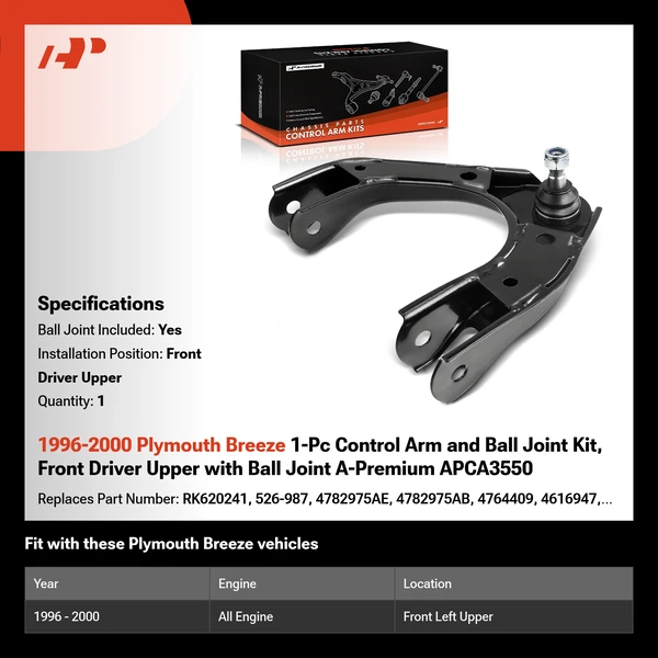 1996-2000 Plymouth Breeze 1-Pc Control Arm and Ball Joint Kit, Front Driver Upper with Ball Joint A-Premium APCA3550