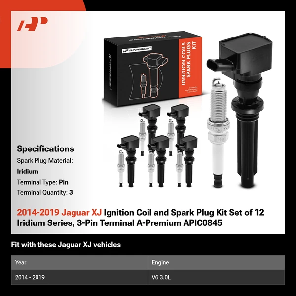2014-2019 Jaguar XJ Ignition Coil and Spark Plug Kit Set of 12 Iridium Series, 3-Pin Terminal A-Premium APIC0845