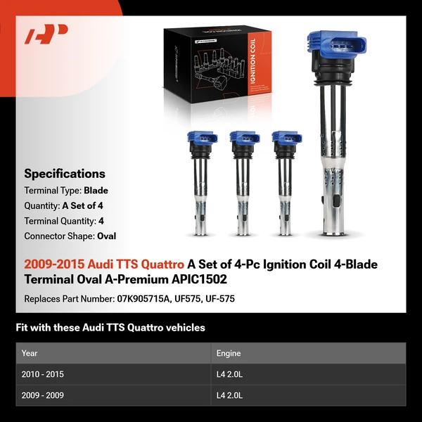2009-2015 Audi TTS Quattro A Set of 4-Pc Ignition Coil 4-Blade Terminal Oval A-Premium APIC1502