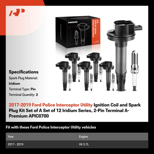 2017-2019 Ford Police Interceptor Utility Ignition Coil and Spark Plug Kit Set of A Set of 12 Iridium Series, 2-Pin Terminal A-Premium APIC0700