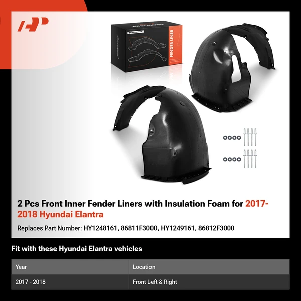 2 Pcs Front Inner Fender Liners with Insulation Foam for 2017-2018 Hyundai Elantra