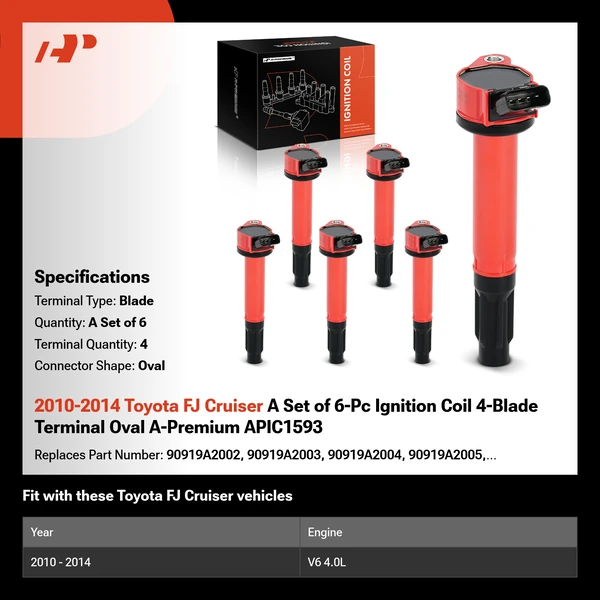 2010-2014 Toyota FJ Cruiser A Set of 6-Pc Ignition Coil 4-Blade Terminal Oval A-Premium APIC1593