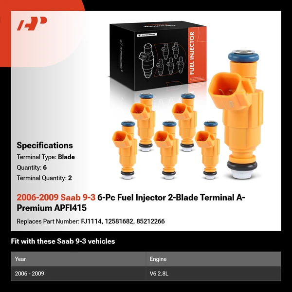2006-2009 Saab 9-3 6-Pc Fuel Injector 2-Blade Terminal A-Premium APFI415