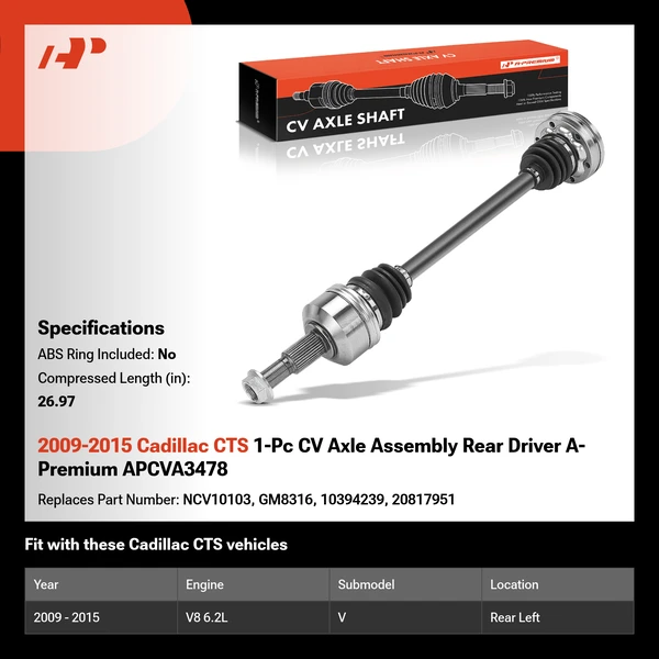 2009-2015 Cadillac CTS 1-Pc CV Axle Assembly Rear Driver A-Premium APCVA3478