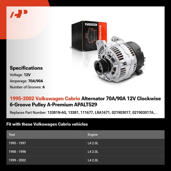1995-2002 Volkswagen Cabrio Alternator 70A/90A 12V Clockwise 6-Groove Pulley A-Premium APALT529