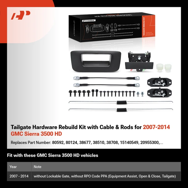 Tailgate Hardware Rebuild Kit with Cable & Rods for 2007-2014 GMC Sierra 3500 HD