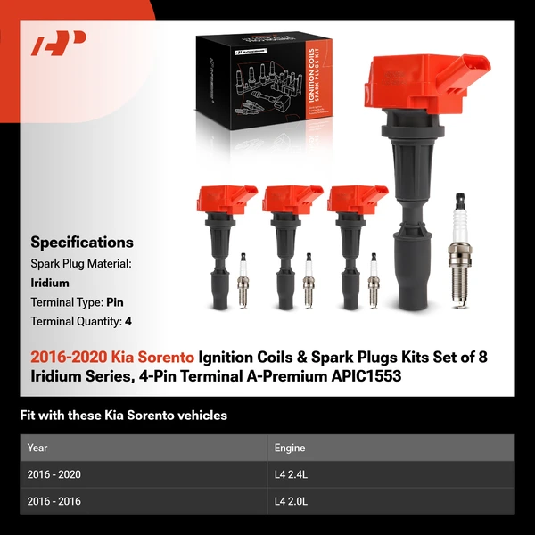 2016-2020 Kia Sorento Ignition Coils & Spark Plugs Kits Set of 8 Iridium Series, 4-Pin Terminal A-Premium APIC1553