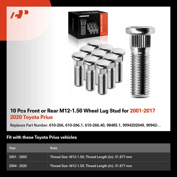 10 Pcs Front or Rear M12-1.50 Wheel Lug Stud for 2001-2017 2020 Toyota Prius