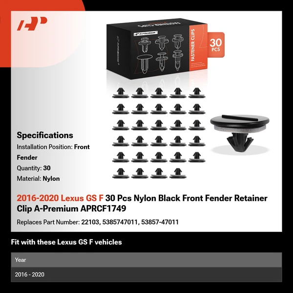 2016-2020 Lexus GS F 30 Pcs Nylon Black Front Fender Retainer Clip A-Premium APRCF1749