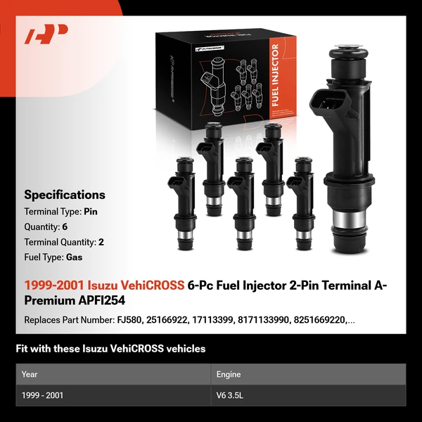 1999-2001 Isuzu VehiCROSS 6-Pc Fuel Injector 2-Pin Terminal A-Premium APFI254