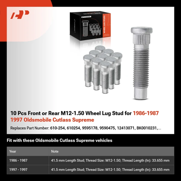 10 Pcs Front or Rear M12-1.50 Wheel Lug Stud for 1986-1987 1997 Oldsmobile Cutlass Supreme
