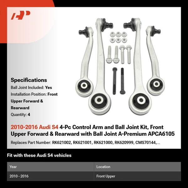2010-2016 Audi S4 4-Pc Control Arm and Ball Joint Kit, Front Upper Forward & Rearward with Ball Joint A-Premium APCA6105