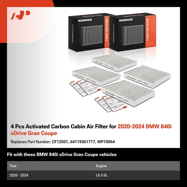 4 Pcs Activated Carbon Cabin Air Filter for 2020-2024 BMW 840i xDrive Gran Coupe
