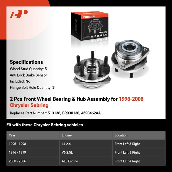 2 Pcs Front Wheel Bearing & Hub Assembly for 1996-2006 Chrysler Sebring