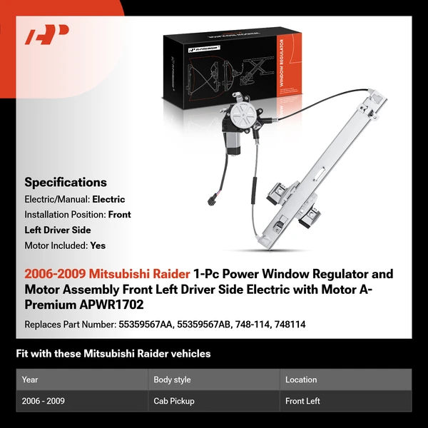 2006-2009 Mitsubishi Raider 1-Pc Power Window Regulator and Motor Assembly Front Left Driver Side Electric with Motor A-Premium APWR1702