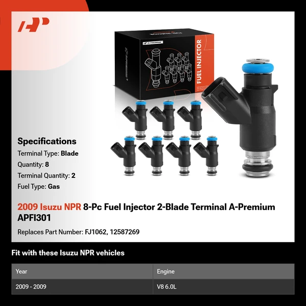 2009 Isuzu NPR 8-Pc Fuel Injector 2-Blade Terminal A-Premium APFI301