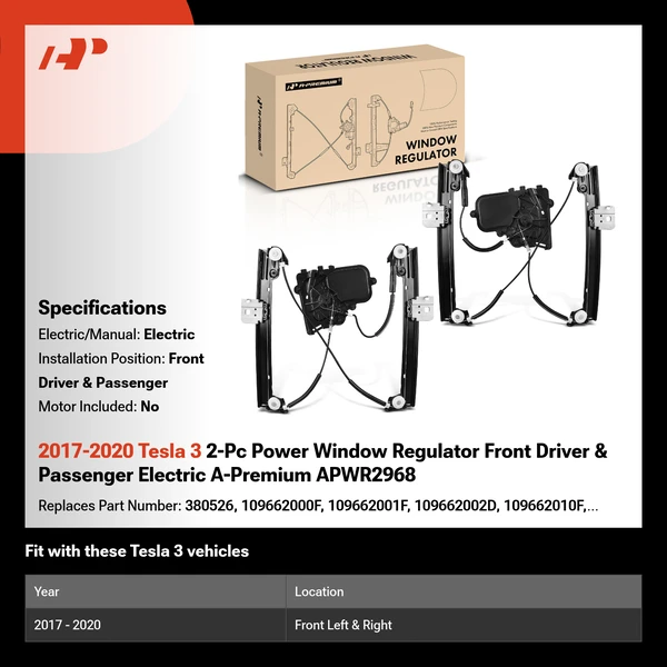 2017-2020 Tesla 3 2-Pc Power Window Regulator Front Driver & Passenger Electric A-Premium APWR2968