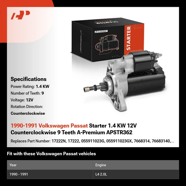 1990-1991 Volkswagen Passat Starter 1.4 KW 12V Counterclockwise 9 Teeth A-Premium APSTR362