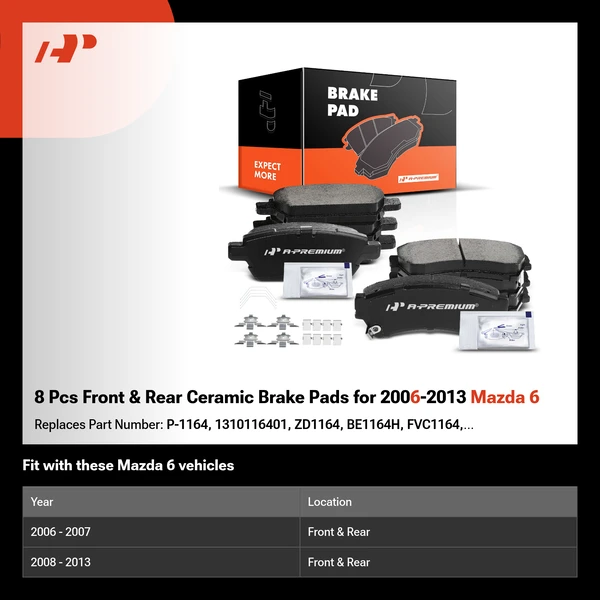 8 Pcs Front & Rear Ceramic Brake Pads for 2006-2013 Mazda 6