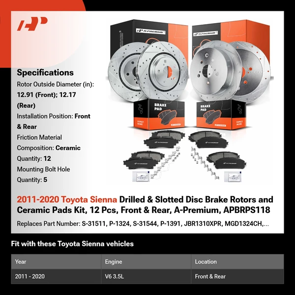 2011-2020 Toyota Sienna Drilled & Slotted Disc Brake Rotors and Ceramic Pads Kit, 12 Pcs, Front & Rear, A-Premium, APBRPS118
