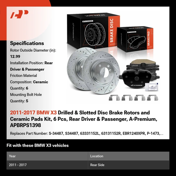 2011-2017 BMW X3 Drilled & Slotted Disc Brake Rotors and Ceramic Pads Kit, 6 Pcs, Rear Driver & Passenger, A-Premium, APBRPS1398